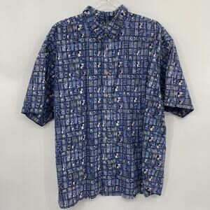 BIG DOGS Mens Button Up Shirt Size XL Hawaiian Short Sleeve Blue Cotton Collared
